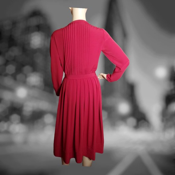 Vintage 1970's Albert Nipon Pleated Wrap Dress - Burgundy/Maroon/Long Sleeves - Picture 4 of 12